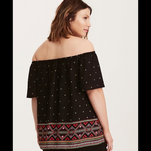 Torrid Border Print Challis Off Shoulder Blouse 0 - Picture 2 of 8